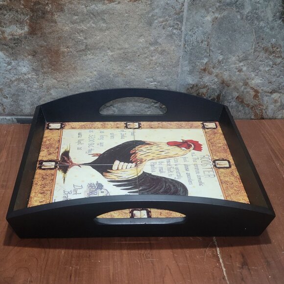 Ceramic Trivet Tile Chicken Rooster Serving Tray Cut Out Handles Wood Base Farmh - Picture 6 of 12